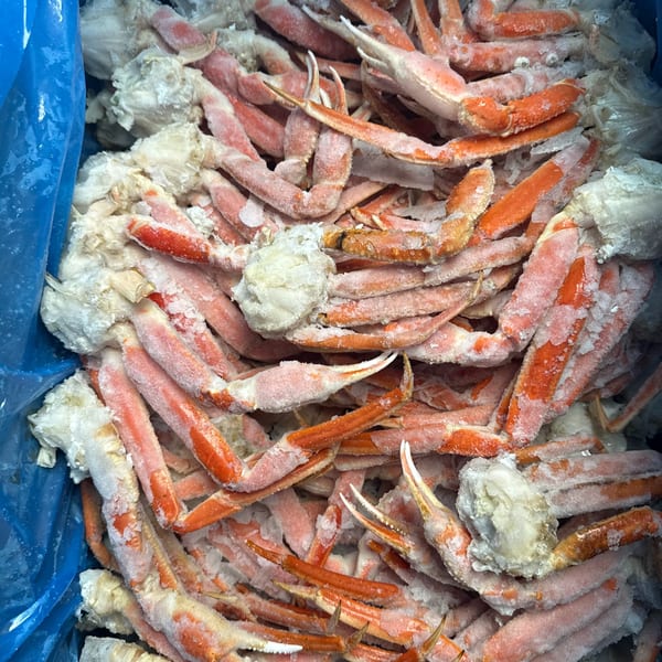 Frozen snow crab legs and claws, covered in ice crystals, in a blue container.