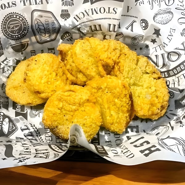 Golden-brown fried seafood pieces, likely from Delta Fish Market, served in a basket lined with branded paper.